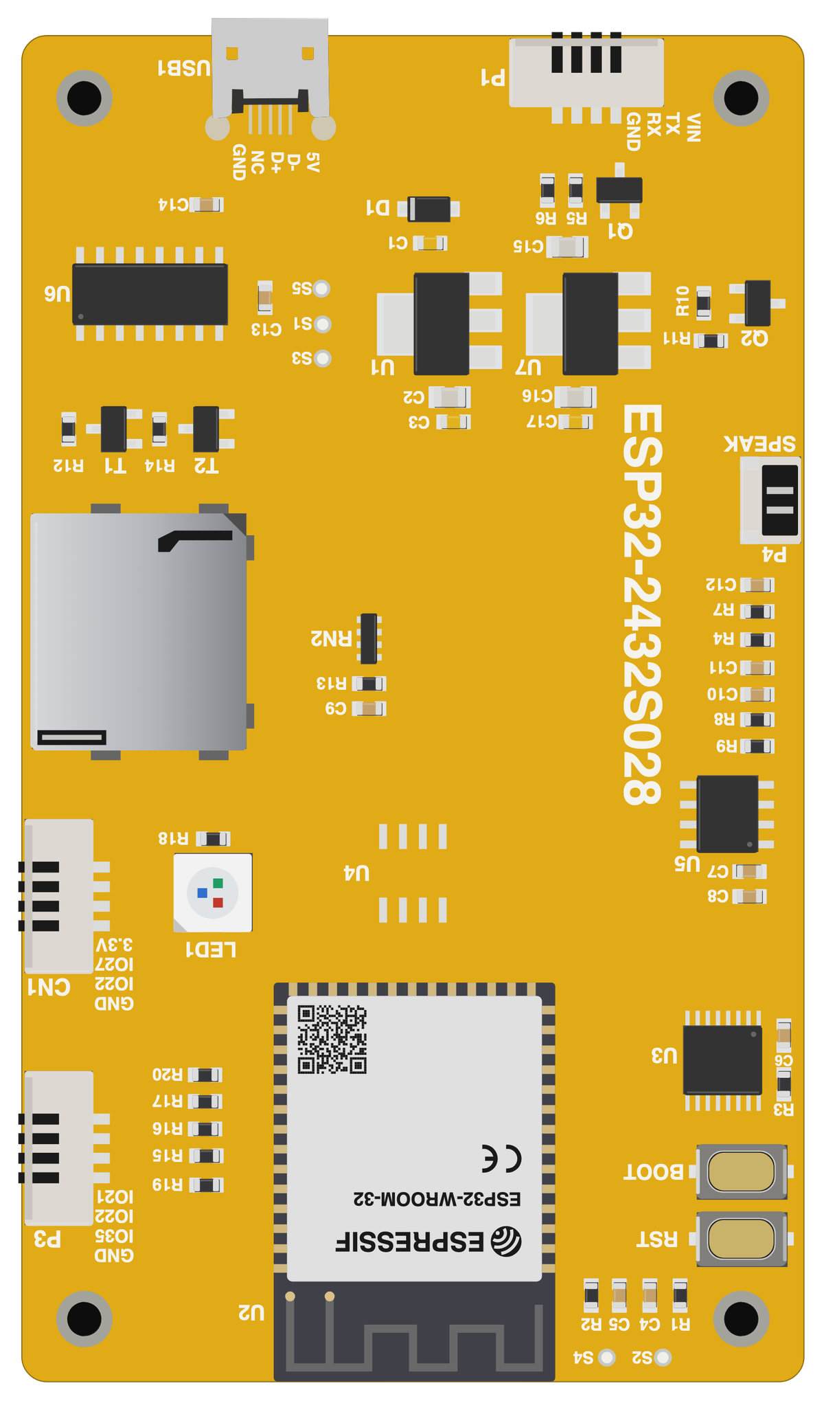 CYD ESP32-2432S028 board, drawn to scale