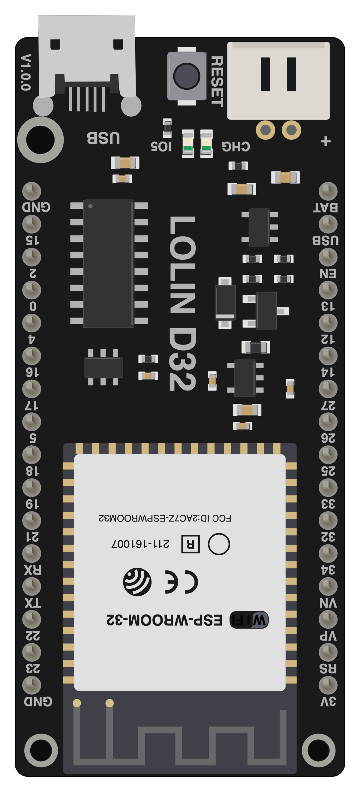 LOLIN D32 board, drawn to scale