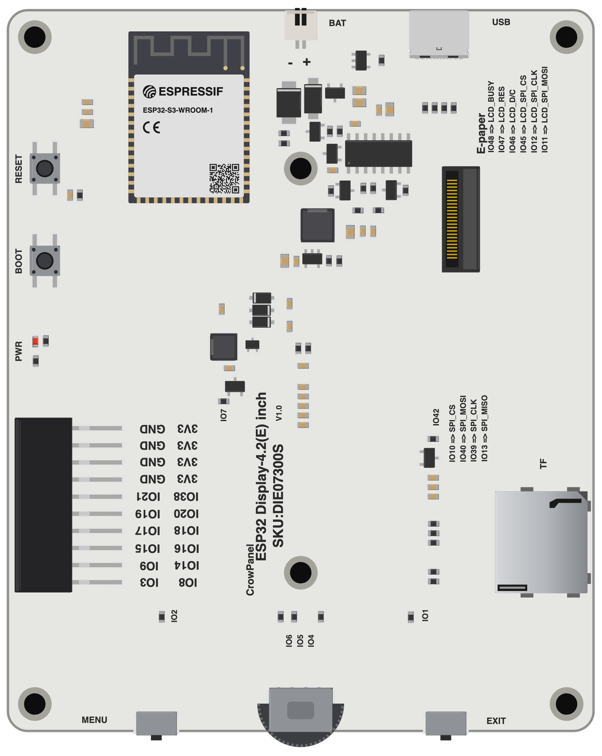 Elecrow CrowPanel E-Paper 4.2 (ESP32-S3) board illustration, front