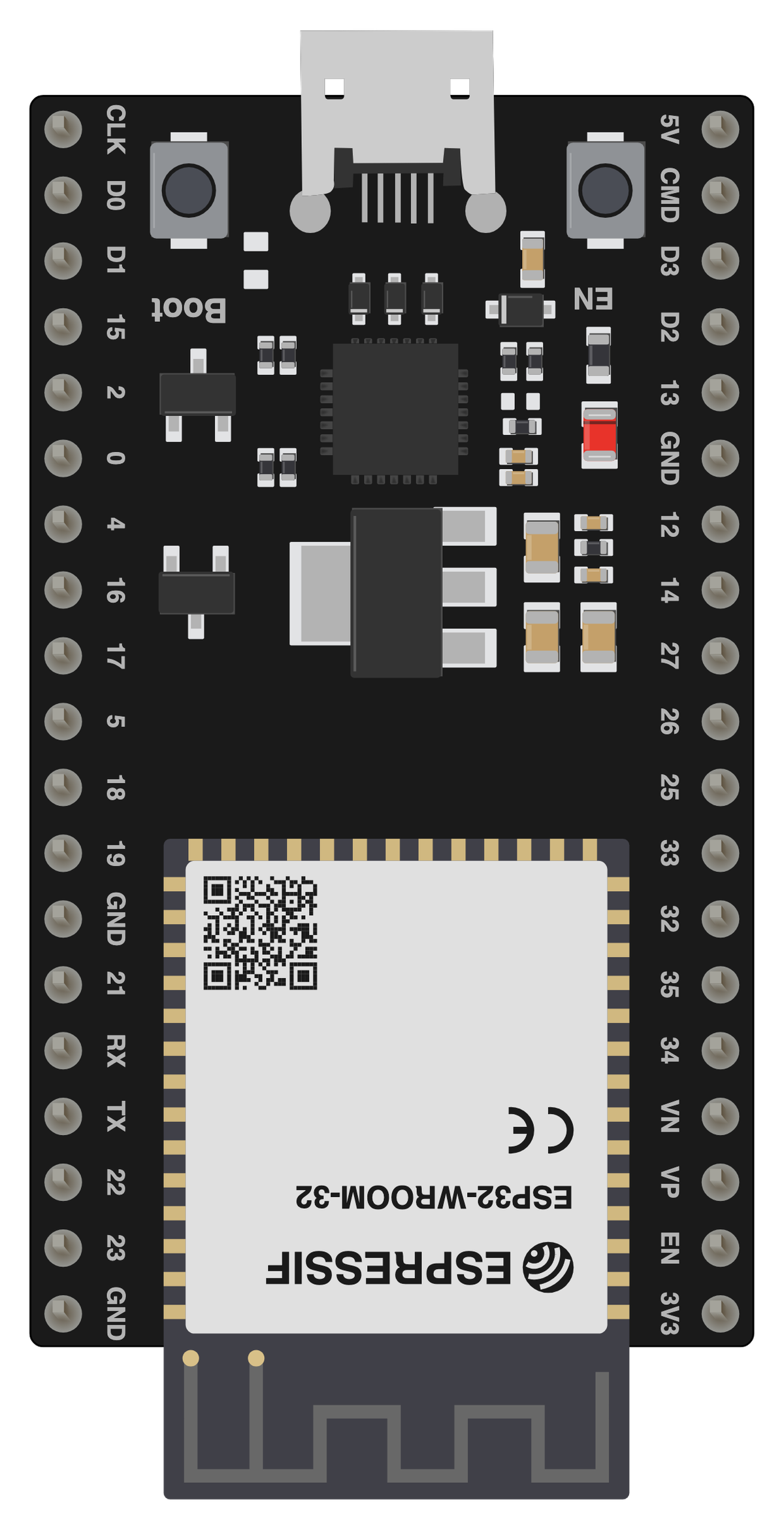 ESP32 38-Pin DevKit (Generic Clone) board, drawn to scale