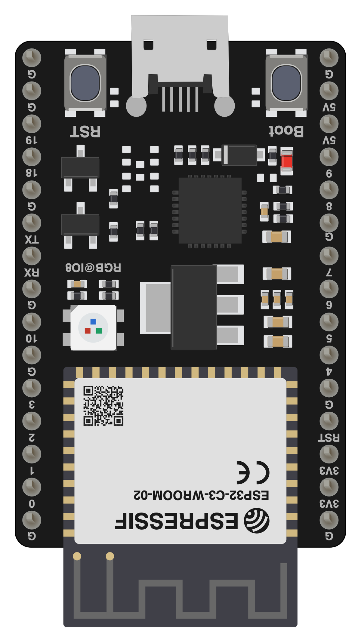 Espressif ESP32-C3-DevKitC-02 board, drawn to scale