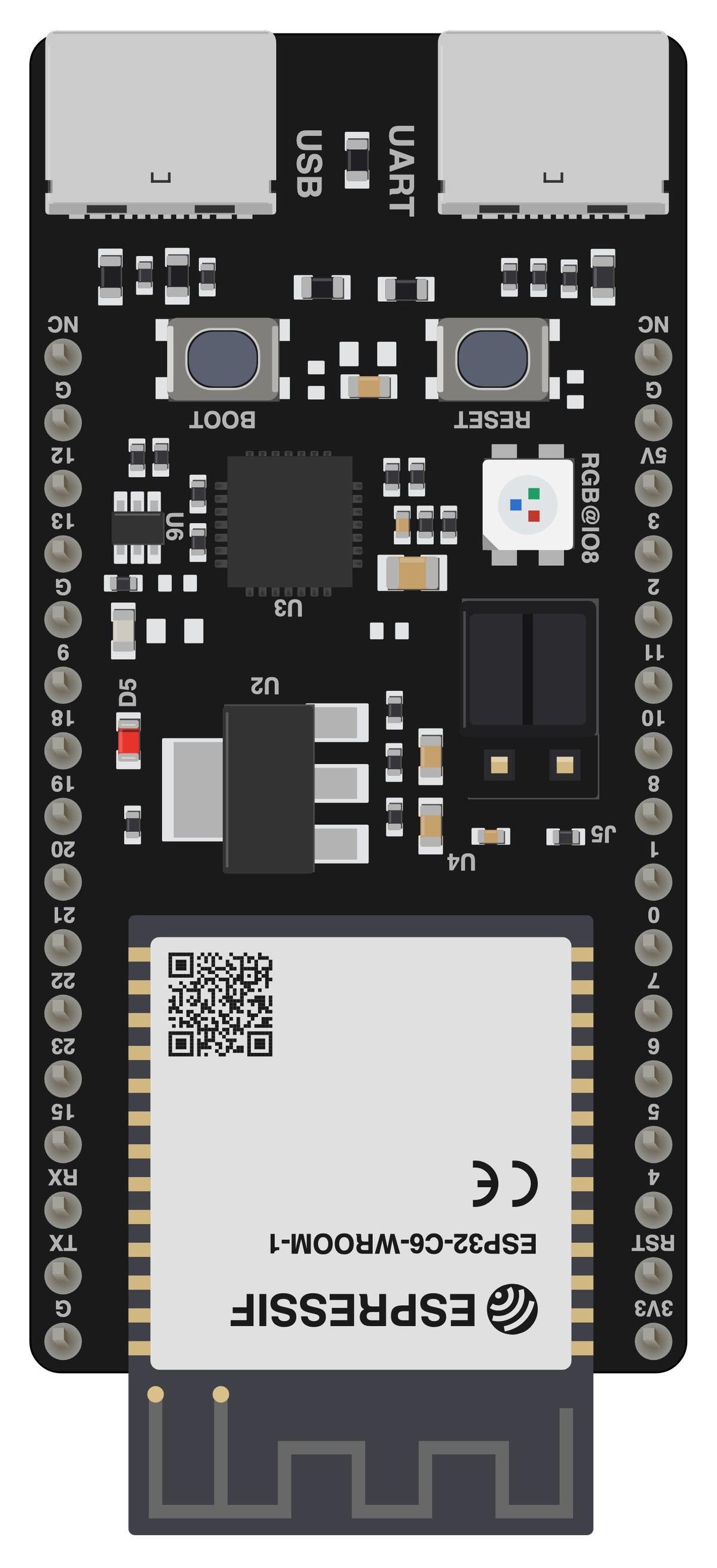 Espressif ESP32-C6-DevKitC-1 board, drawn to scale