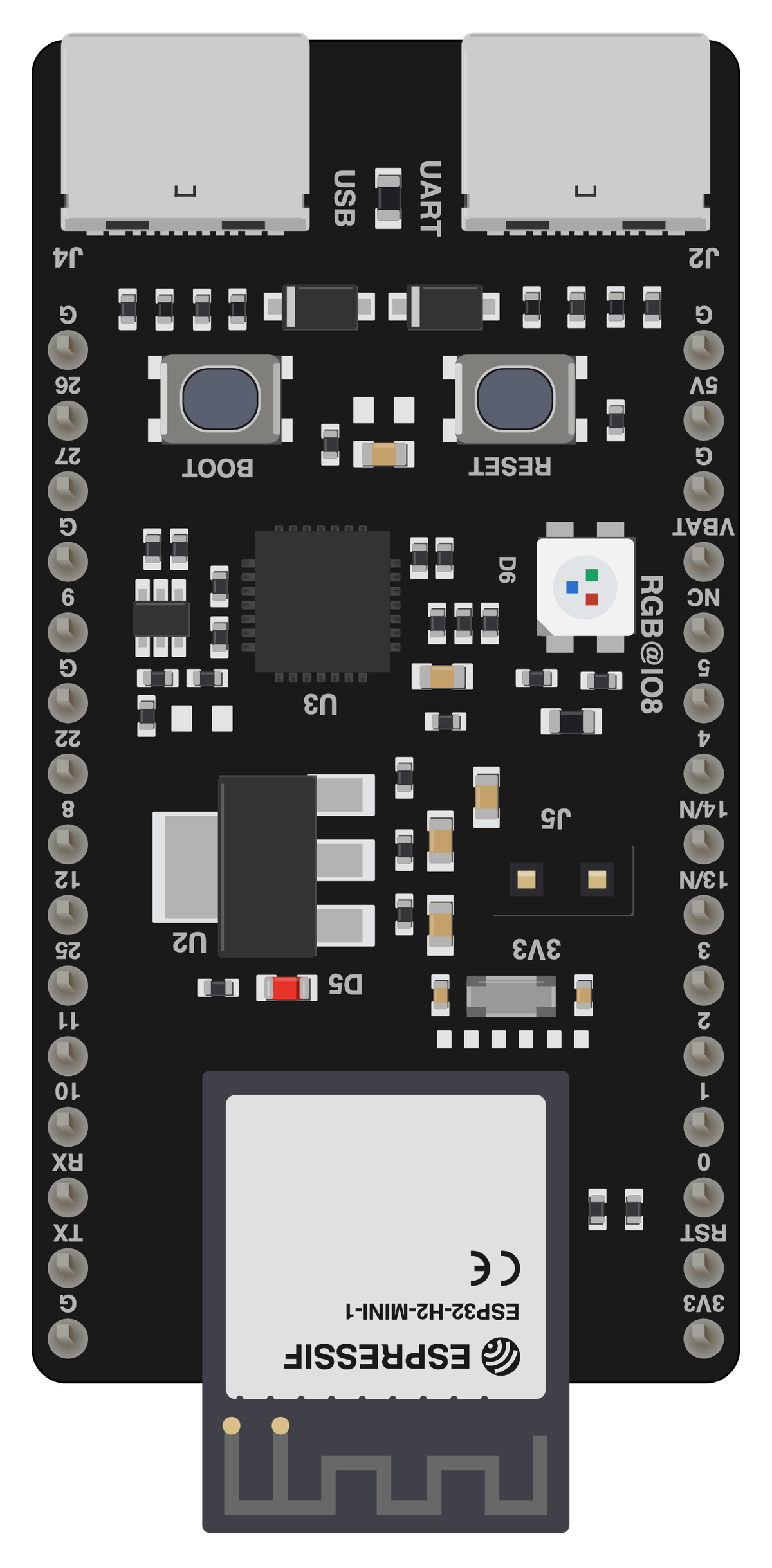 Espressif ESP32-H2-DevKitM-1 board, drawn to scale
