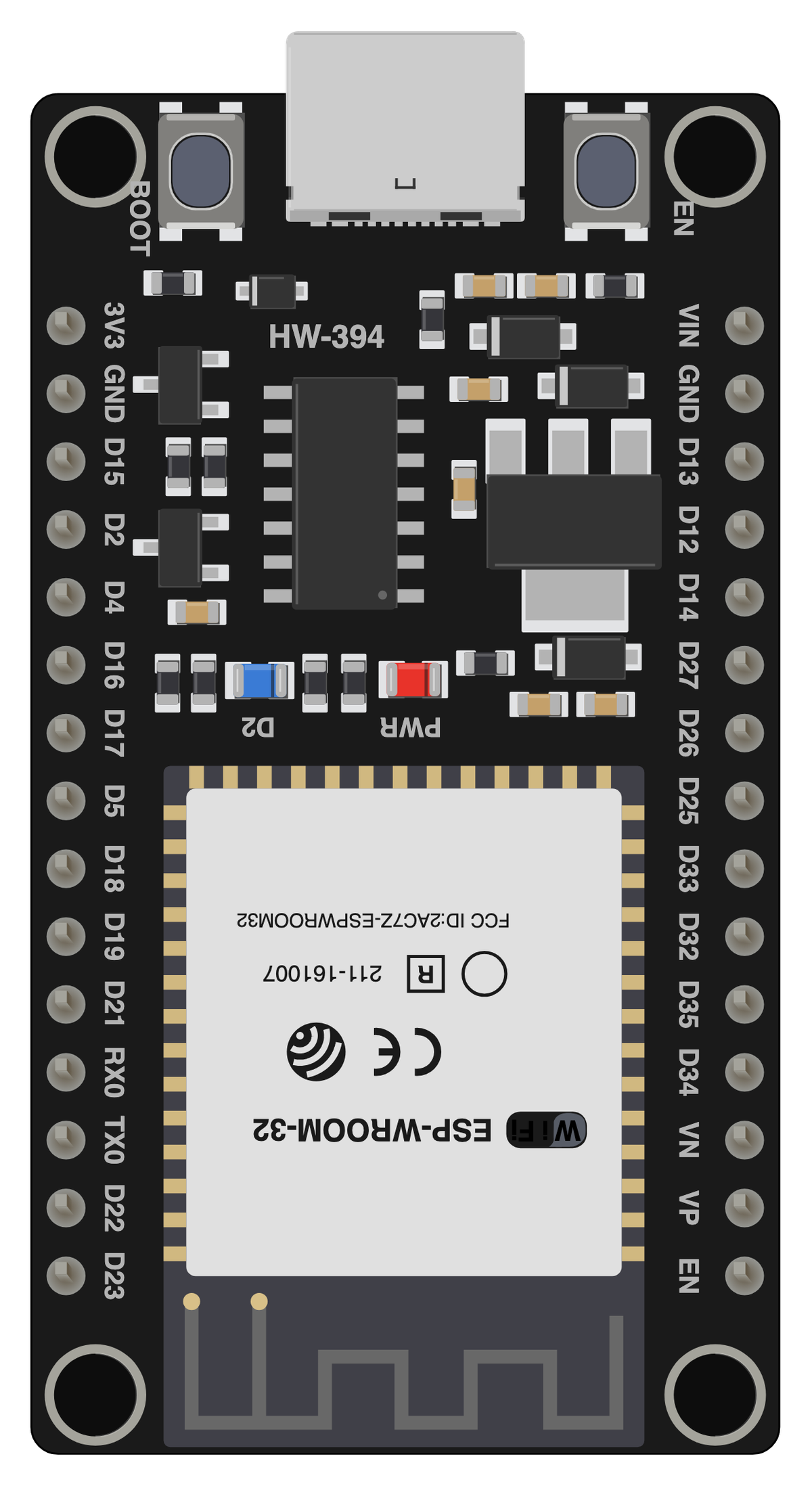 ESP32 HW-394 (WR-32) board illustration, front