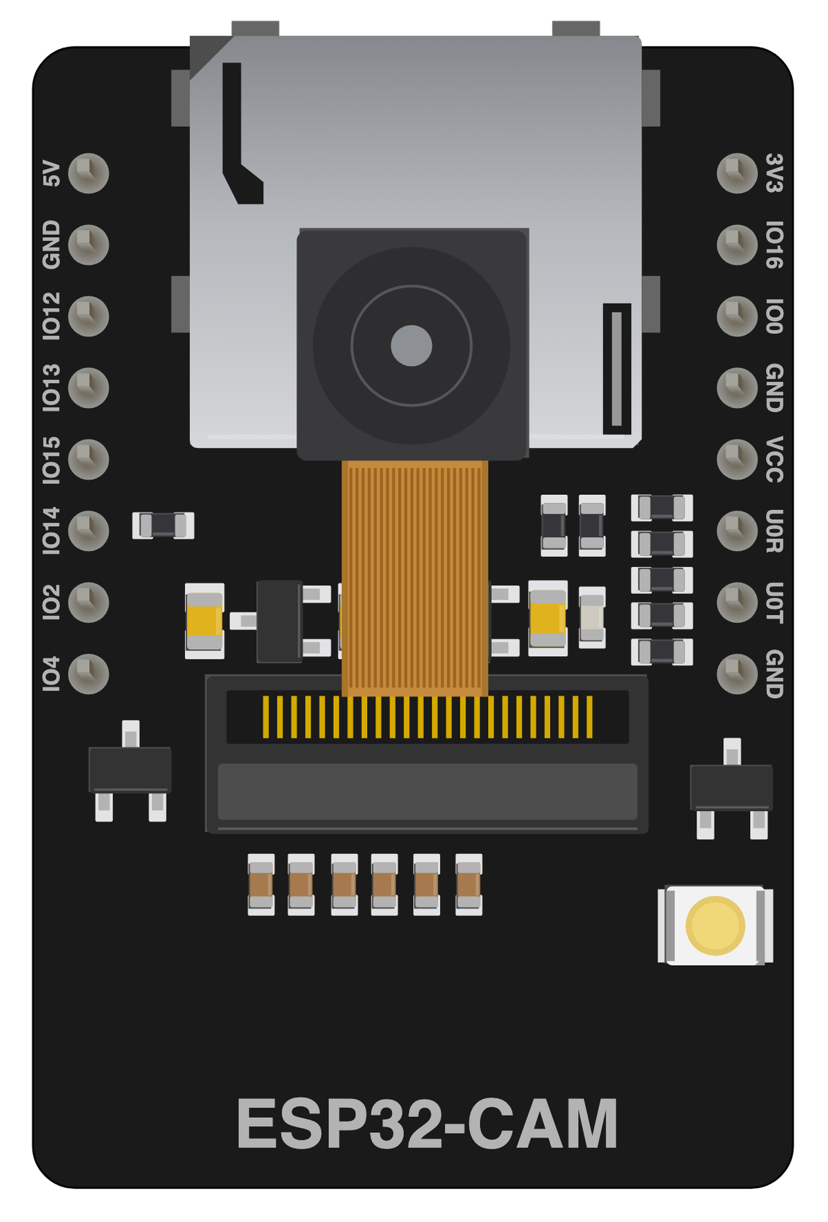 AI Thinker ESP32-CAM board, drawn to scale