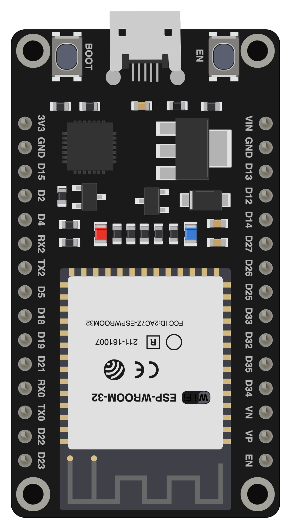 DOIT ESP32 DEVKIT V1 board, drawn to scale
