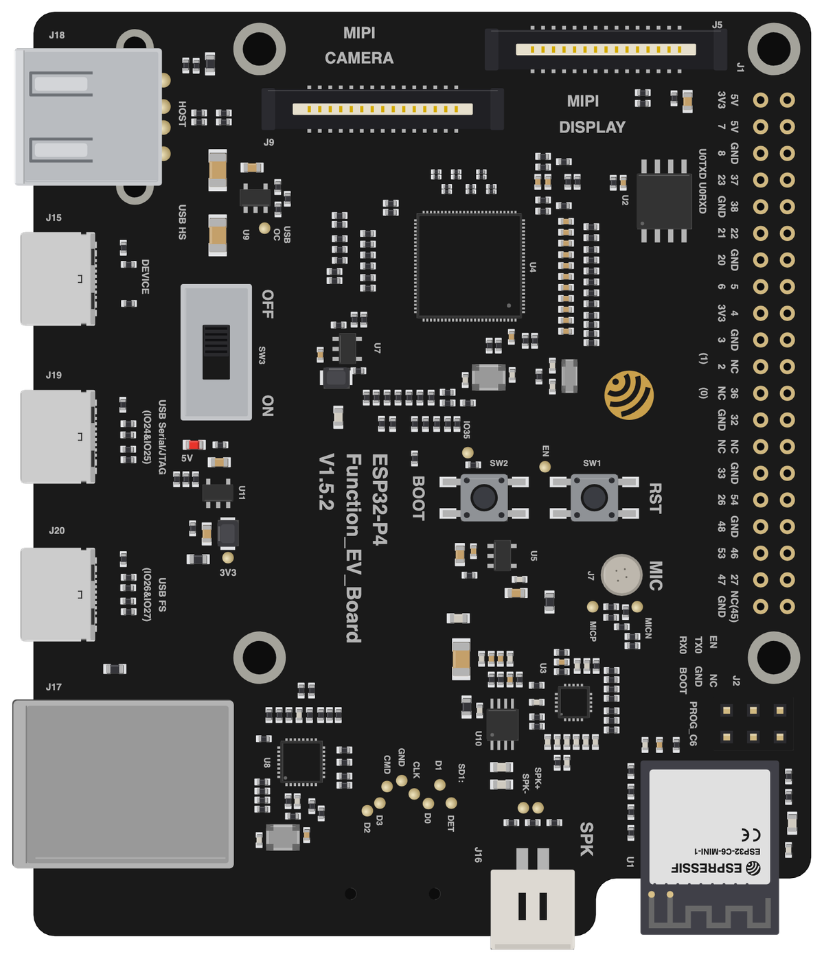 Espressif ESP32-P4-Function-EV-Board board, drawn to scale