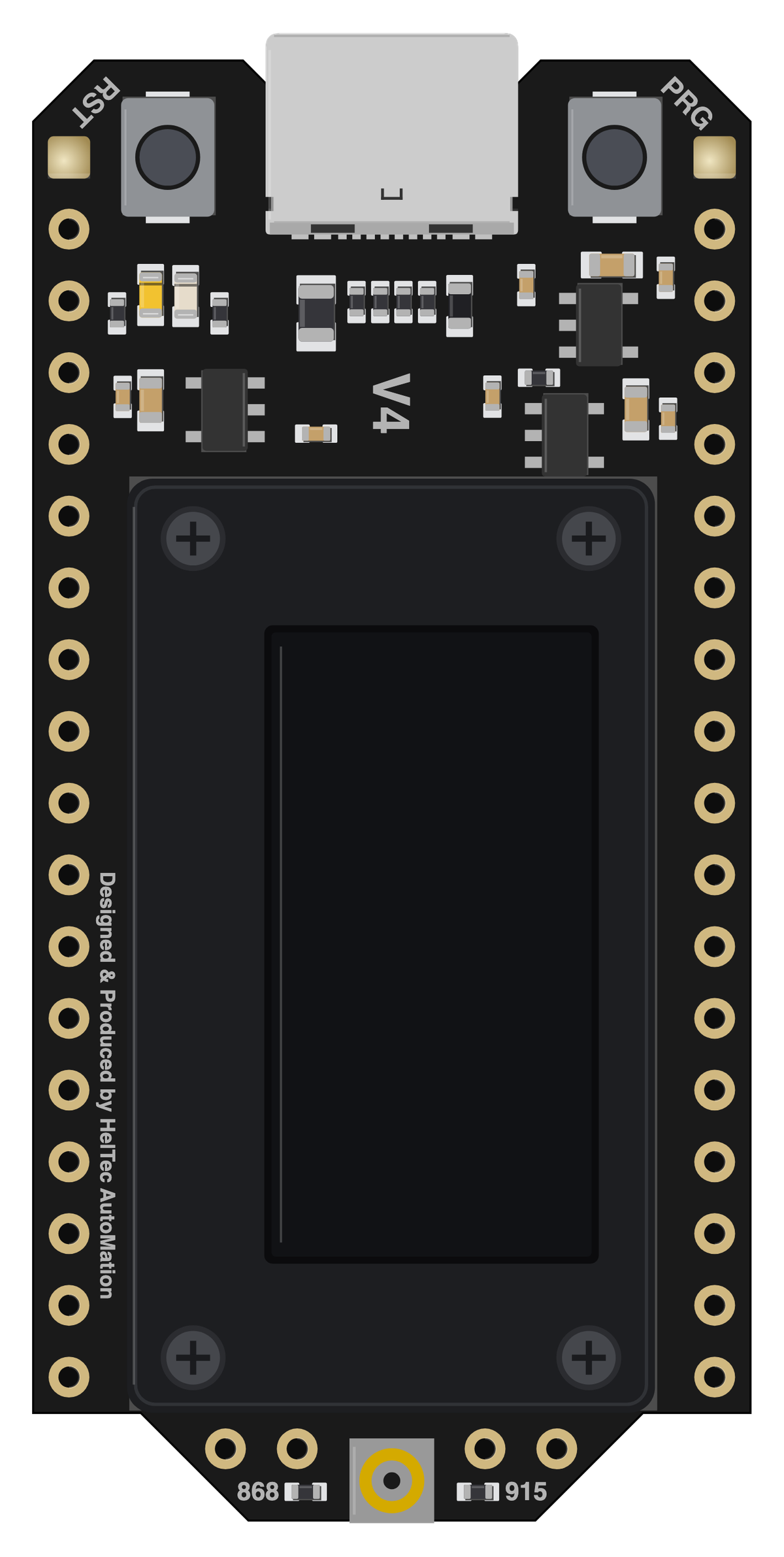 Heltec WiFi LoRa 32 V4 board, drawn to scale