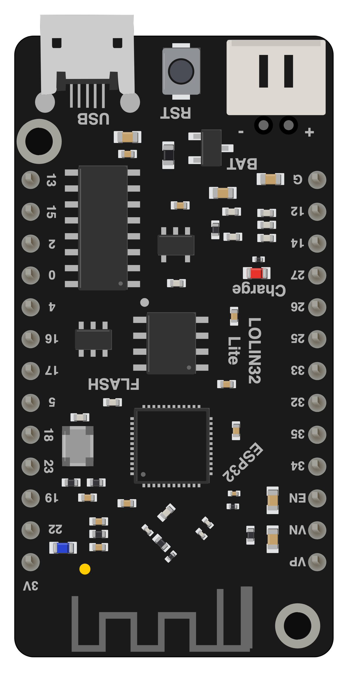 WEMOS LOLIN32 Lite board, drawn to scale