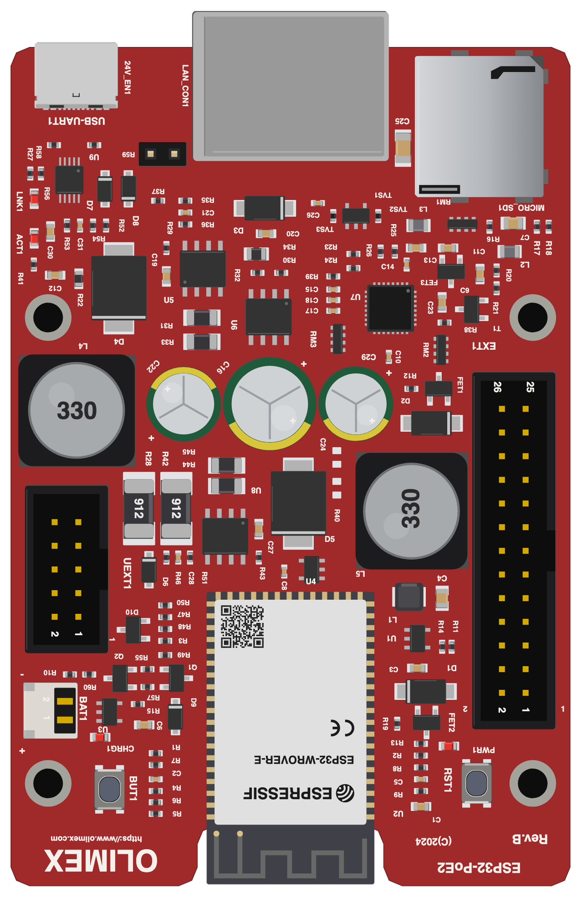 Olimex ESP32-POE2 board, drawn to scale