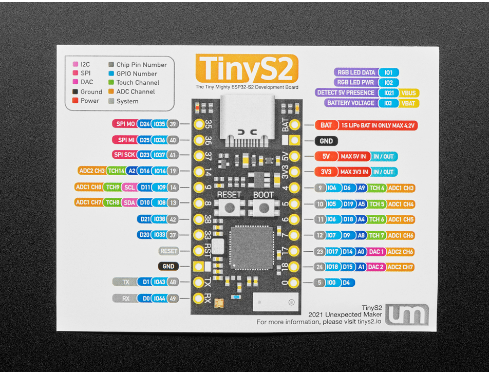 UM TinyS2 pinout diagram