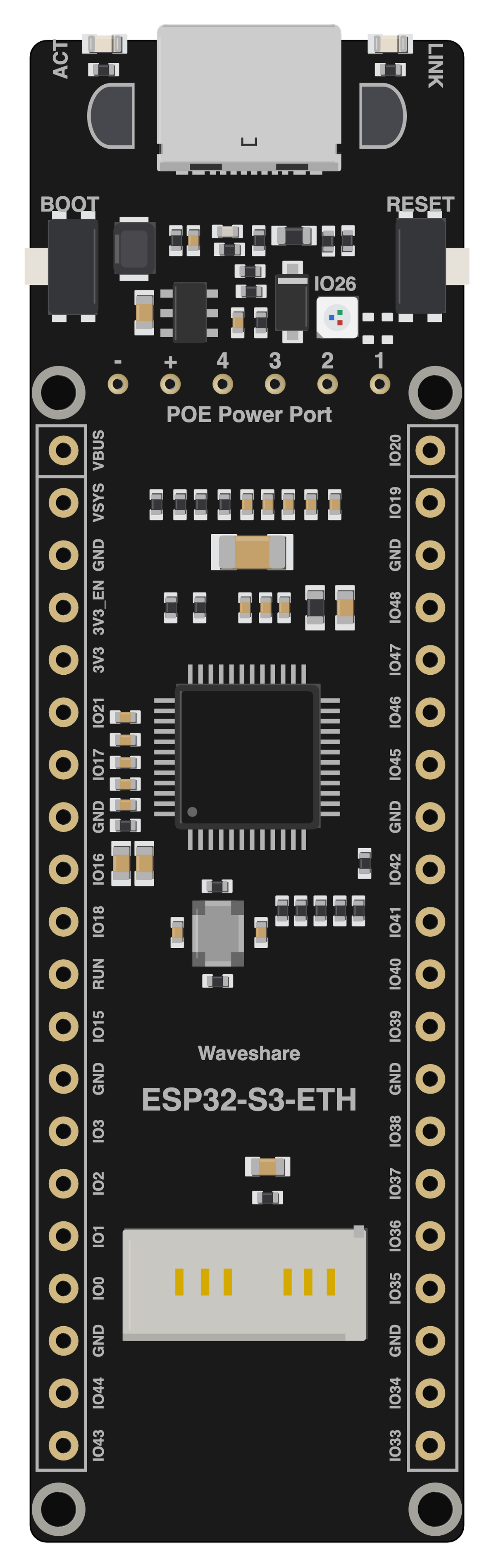 Waveshare ESP32-S3-ETH board, drawn to scale