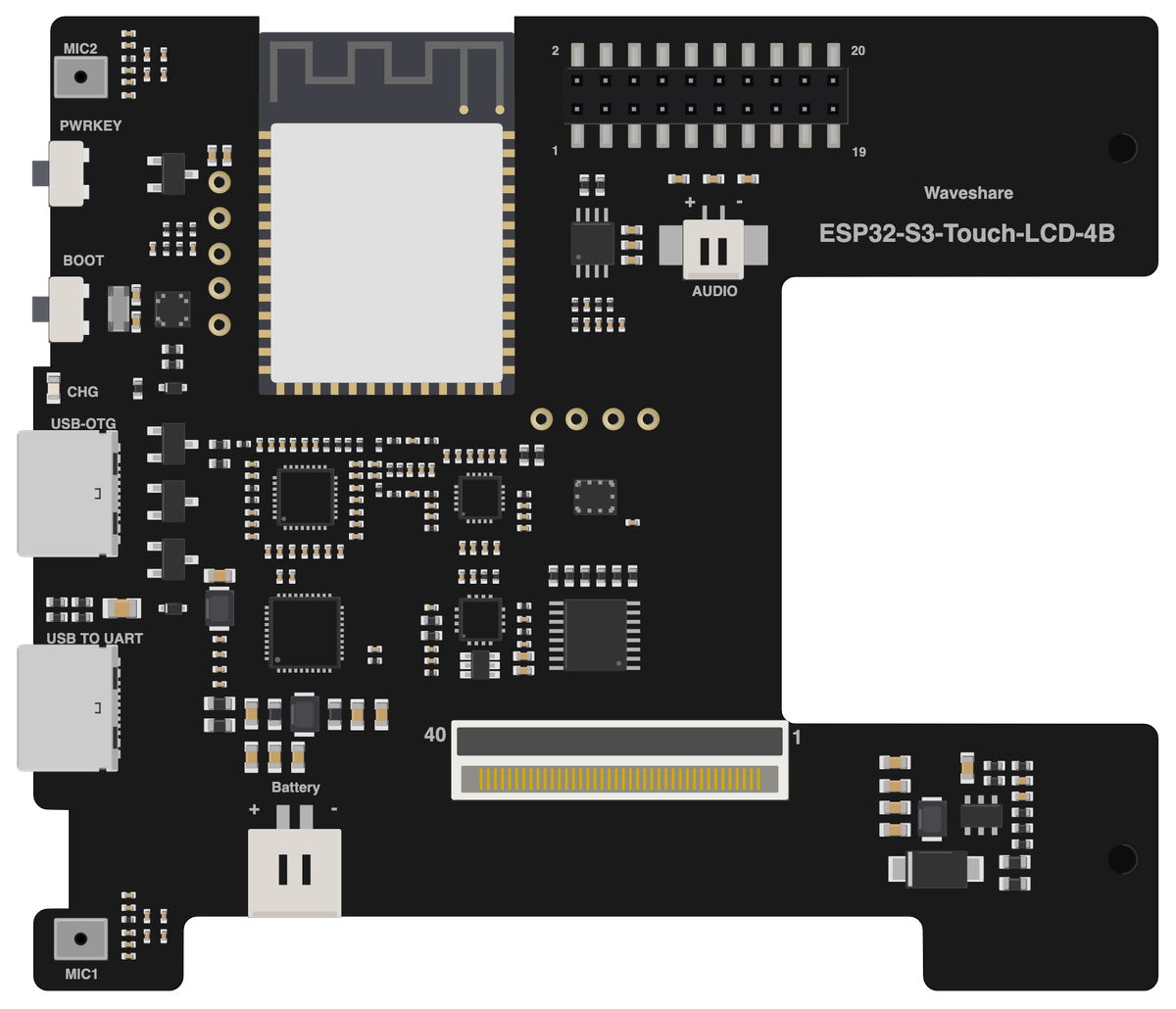 Waveshare ESP32-S3-Touch-LCD-4B board illustration, front