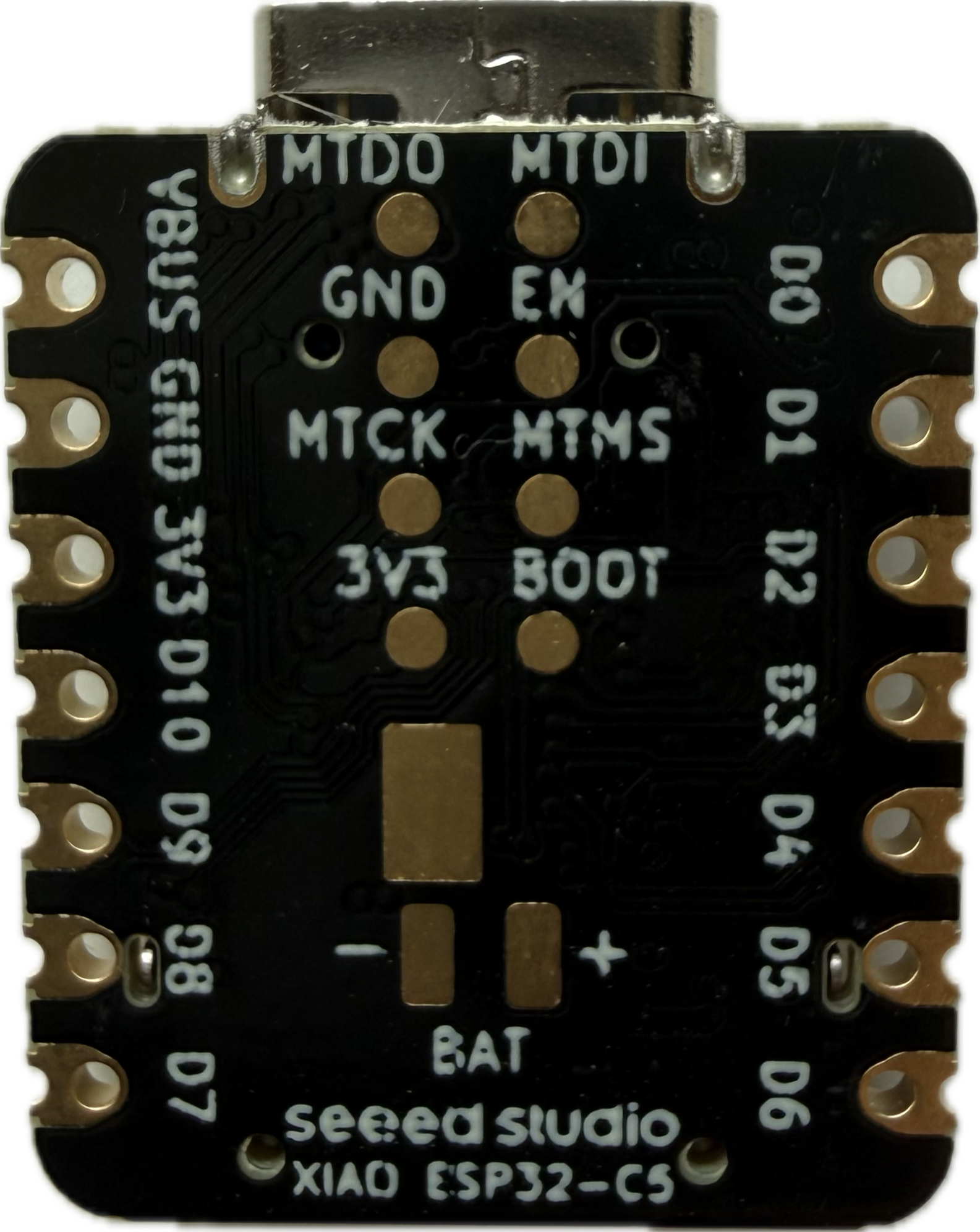 XIAO ESP32C5 back: JTAG pads (MTDO, MTDI, MTCK, MTMS), EN and BOOT pads, and the battery solder pads