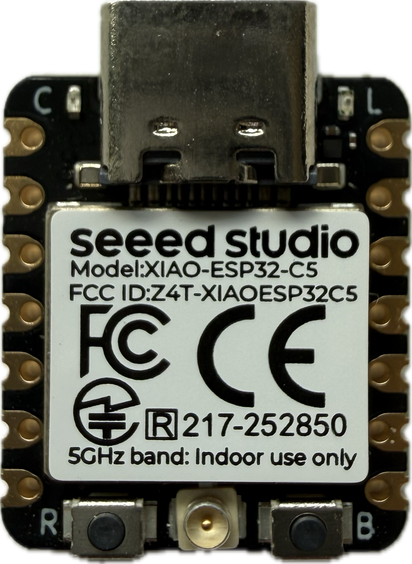 XIAO ESP32C5 front: USB-C, u.FL antenna socket, Reset and Boot buttons, and the 5 GHz indoor-use label