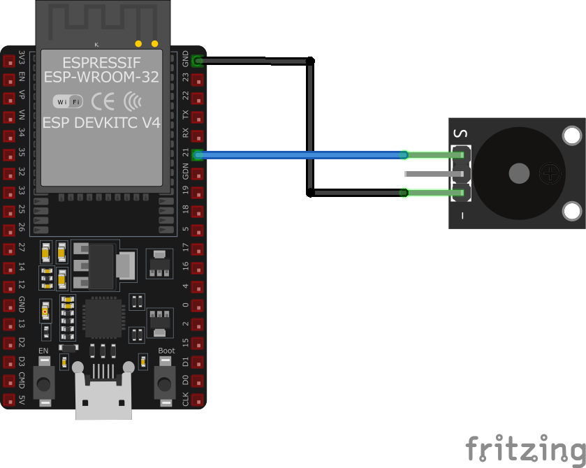 KY-006 Passive Buzzer Module wiring with ESP32