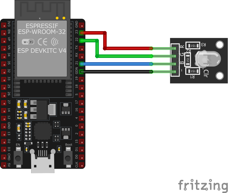 KY-016 RGB Full Color LED Module wiring with ESP32